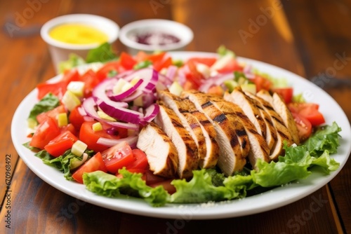 grilled chicken sliced and arranged on top of a chopped salad