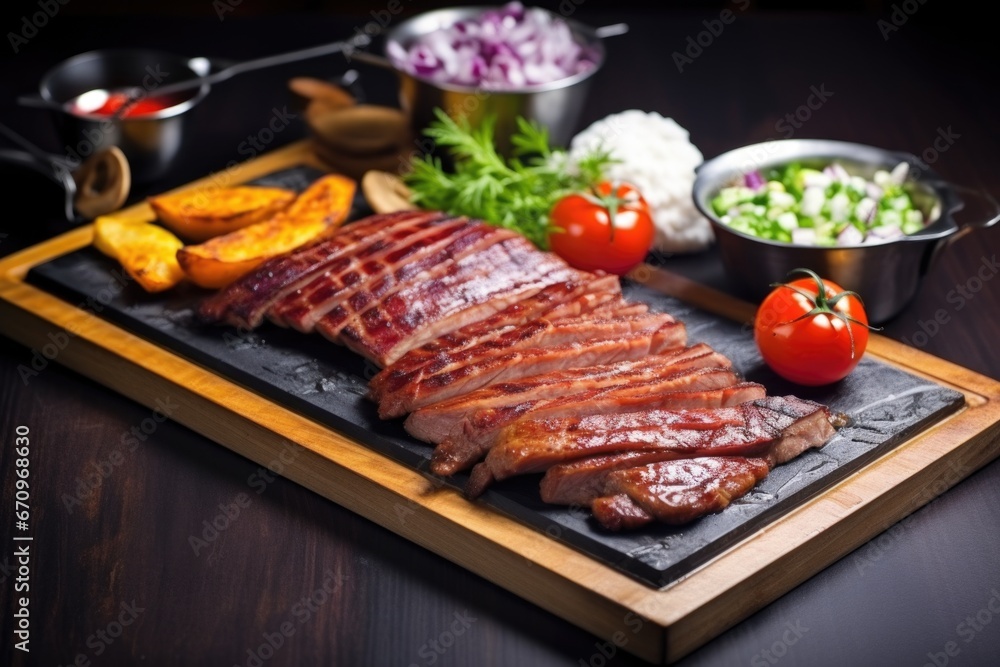grilled duck served on a slate food tray