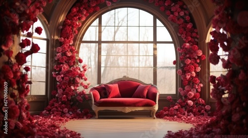 Wedding room with a an arch against a wall covered in red roses.