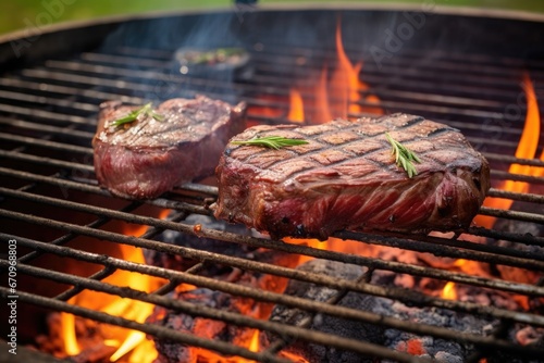 steak grilling on an outdoor barbecue pit
