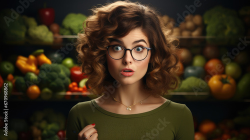Woman in glasses question mark on head thinking looking up at junk food and green vegetables. photo
