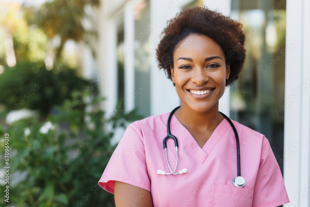African American female doctor smiling confidently while standing with crossed arms in pink suit African American female doctor smiling confidently while standing with crossed arms in pink suit