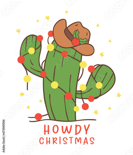 Cute Cowboy Christmas Cuctus Cartoon Character hand drawing