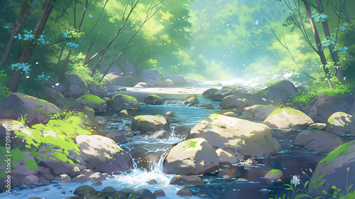 a relaxing flowing river scenery in a forest, calm down anime artwork