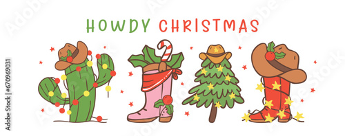 Cute Cowboy Christmas Western Howdy Christmas banner Hand drawing cartoon