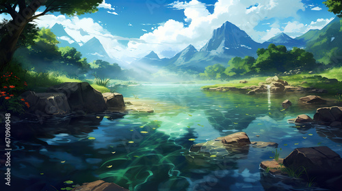 a beautiful blue reflection inspired river flowing anime artwork with mountains in background © Sternfahrer