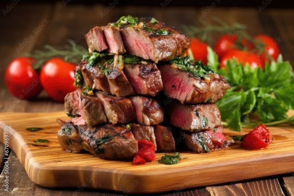 grilled lamb chops stacked on a wooden chopping board