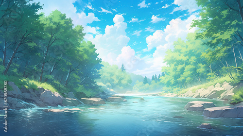 a calm down anime scenery showing a flowing river