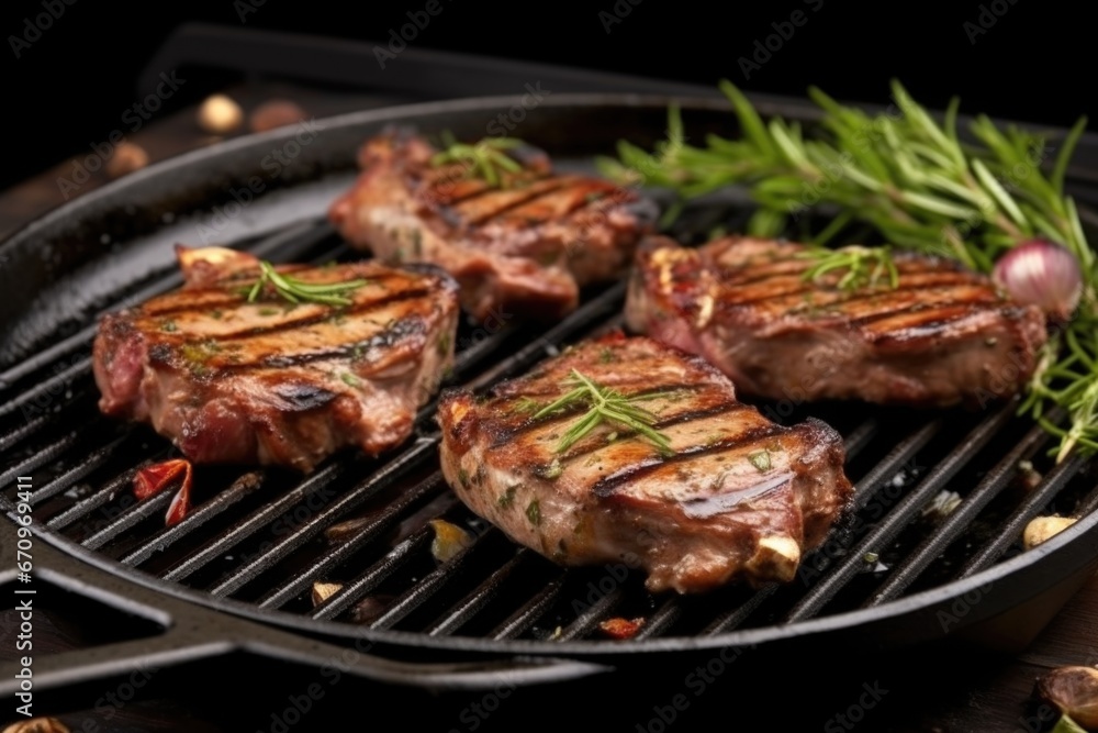 grilled lamb chops with charred edges on a black grill pan