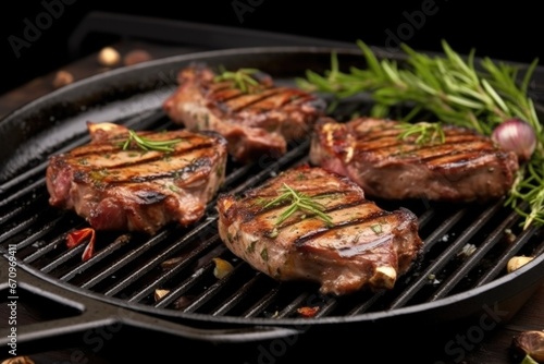 grilled lamb chops with charred edges on a black grill pan