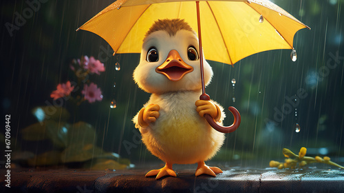 a cute smiling ugly duckling with an umbrella, realistic artstyle photo