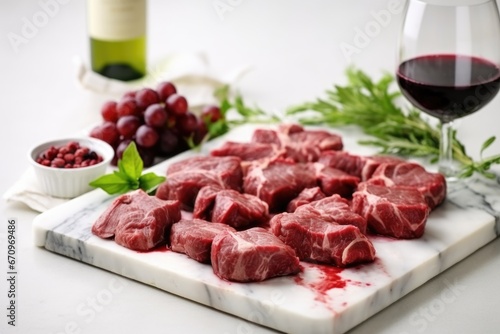 lamb chops marinated in red wine on a marble slab