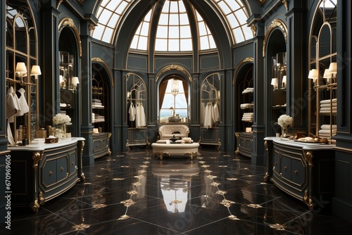 Fotografering Dressing luxueux, salle de bain luxueuse, bleu sombre et doré avec grande fenêtre