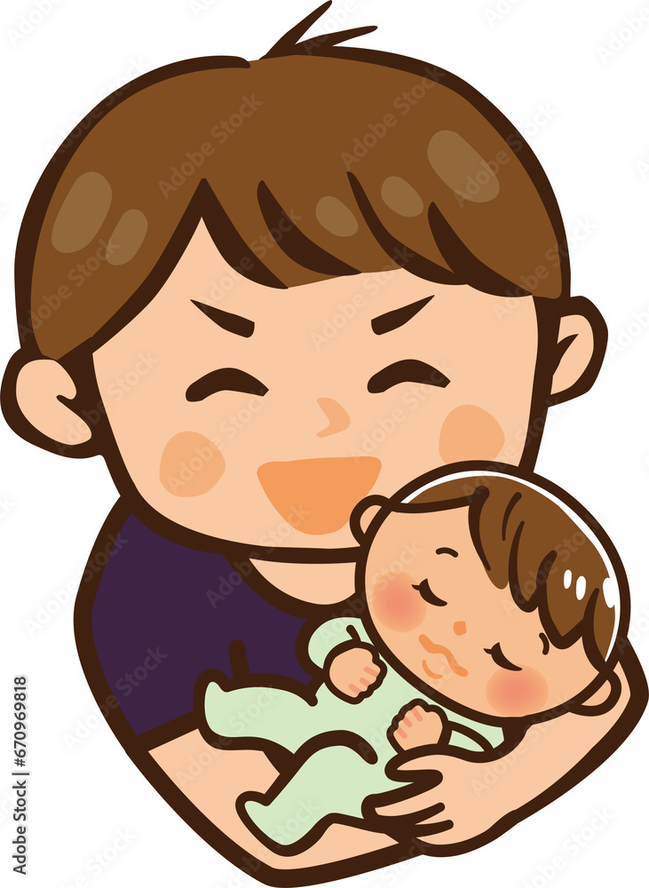 眠っている赤ちゃんを抱く男性のイラスト 眠っている赤ちゃんを抱く男性のイラスト