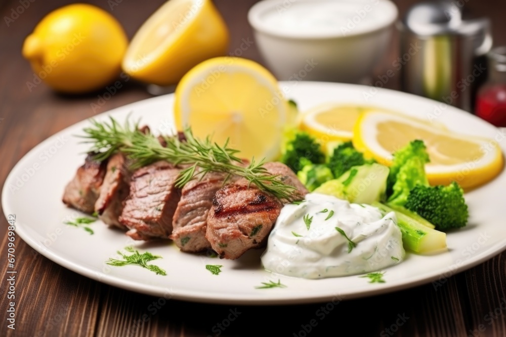 lamb kebabs served with lemon and dill yogurt sauce lamb kebabs served with lemon and dill yogurt sauce
