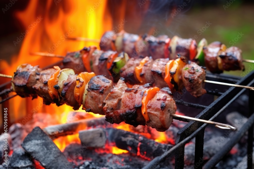 lamb kebabs on a rusted grill, smoky charcoal underneath lamb kebabs on a rusted grill, smoky charcoal underneath