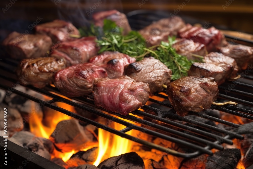 lamb kebabs on a sizzling grill, surrounded by charcoal lamb kebabs on a sizzling grill, surrounded by charcoal