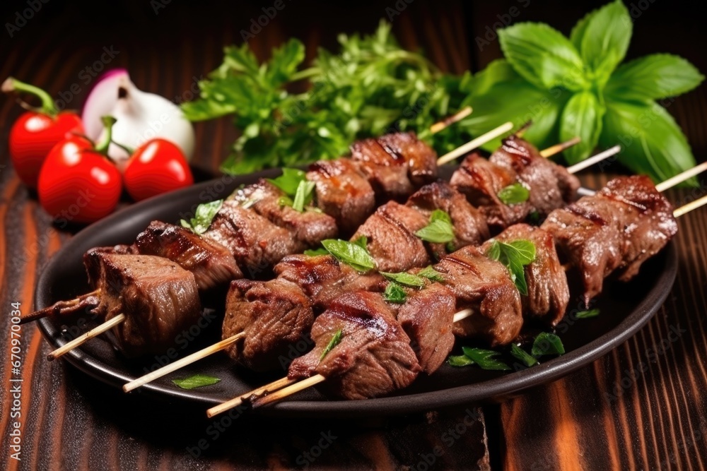 lamb kebabs garnished with fresh mint leaves
