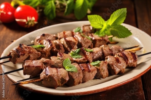 lamb kebabs garnished with fresh mint leaves