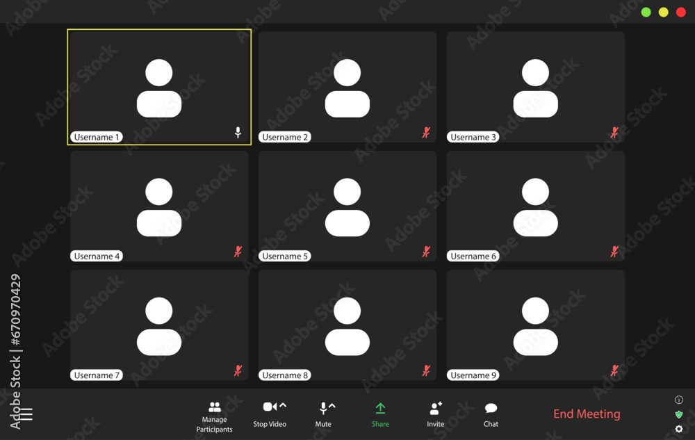 Video conference user interface, video meeting call window overlay. Modern UI template for 9 users Video conference user interface, video meeting call window overlay. Modern UI template for 9 users