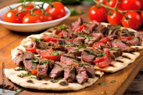 grilled lamb kebabs resting atop flatbreads