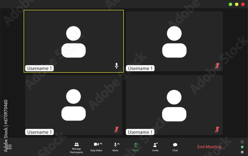 Video conference user interface, video meeting call window overlay. Modern UI template for 4 users