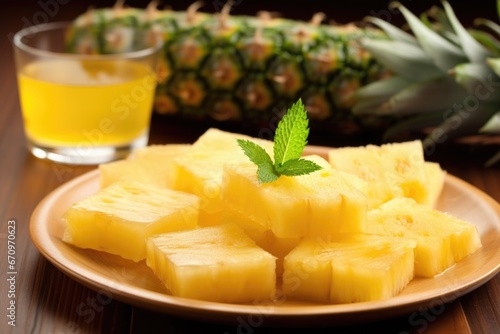 platter of brushed pineapple slices with syrup