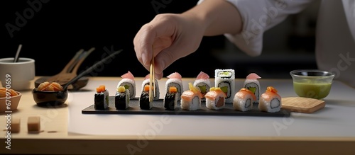 Chef is finishing Sushi at the kitchen table