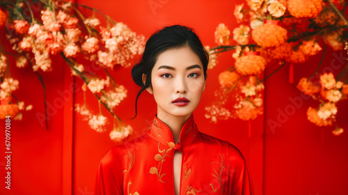 Portrait of a beautiful asian woman in a red Chinese dress on a red background. 