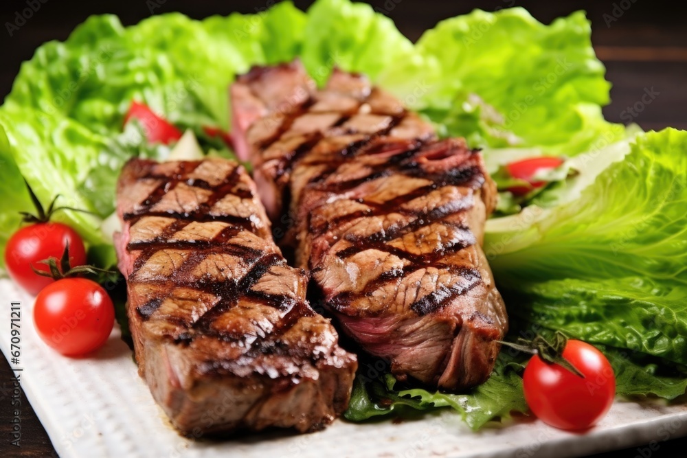 grilled chops on a bed of lettuce leaves