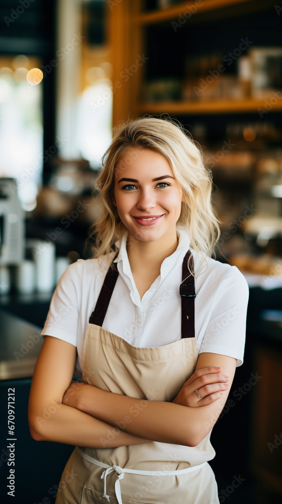 portrait of smiling waitress in apron standing with crossed arms in cafe