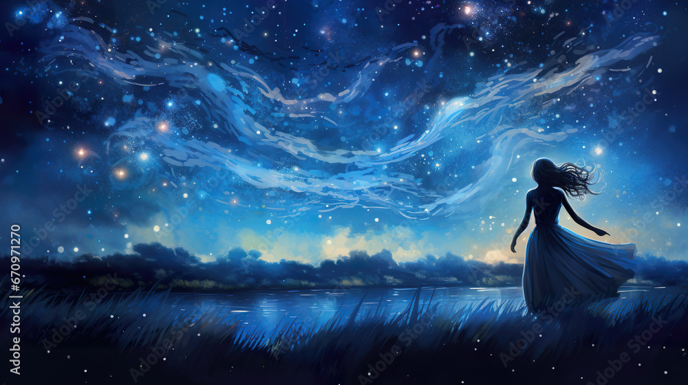 a dancing girl in a magical beautiful night, a lot of stars in sky