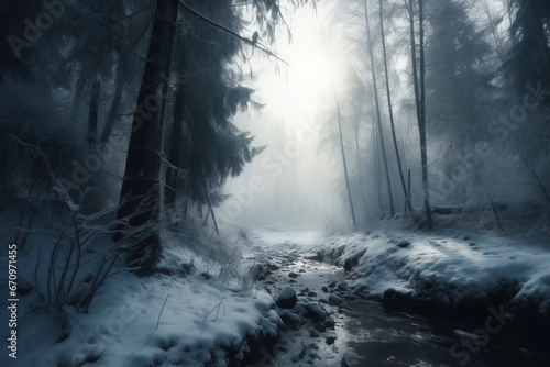 Christmas winter snowy dense forest, sunrise. River frozen with ice. AI generated. © Serhii