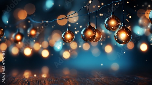 Christmas garland bokeh lights over Golden blue background Created with generative Ai