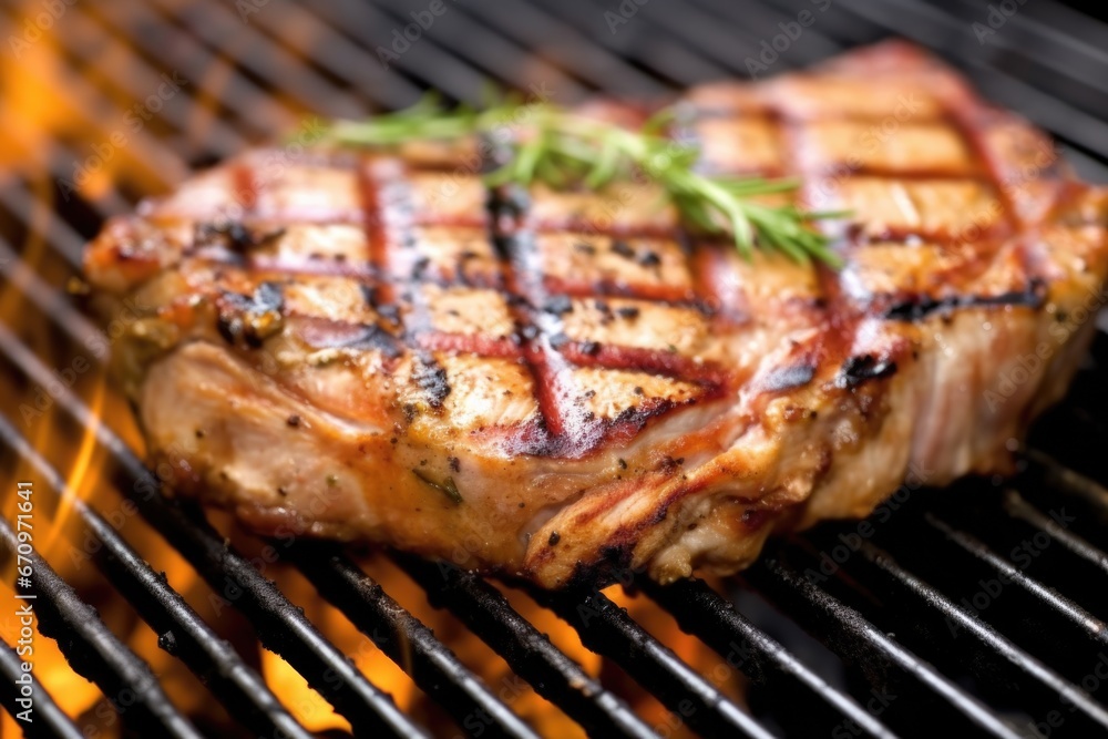 detailed macro shot of a grilled pork chop showing textures