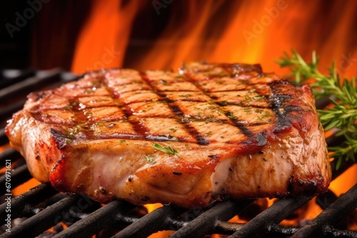 detailed macro shot of a grilled pork chop showing textures
