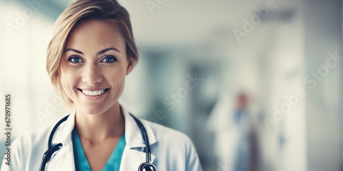 Beautiful American woman good doctor nice fashion half body eye contact and background empty space for design in USA