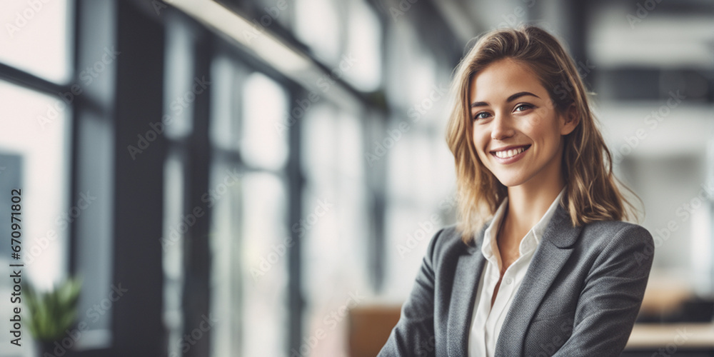 Beautiful American woman good employee nice fashion half body eye contact and background empty space for design in USA Beautiful American woman good employee nice fashion half body eye contact and background empty space for design in USA