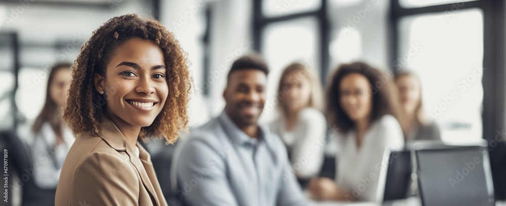 Obraz premium Beautiful American woman good employee nice fashion half body eye contact and background empty space for design in USA