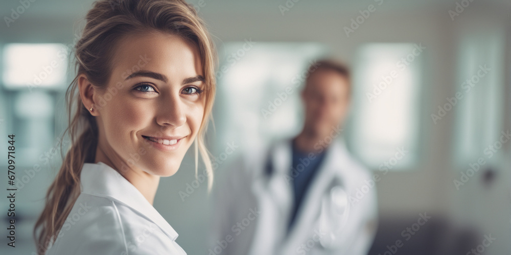 Beautiful American woman good doctor nice fashion half body eye contact and background empty space for design in USA Beautiful American woman good doctor nice fashion half body eye contact and background empty space for design in USA
