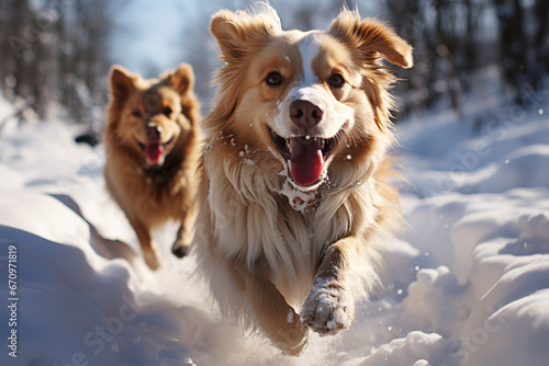 Two Border Collie dogs running in the snow on a winter day © Art Gallery