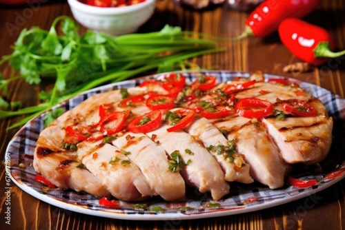 juicy grilled pork chops with red chili pepper on top