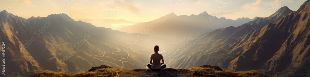 Woman sitting on hilltop, meditating amongst the misty graduating hills, while Sun is setting.