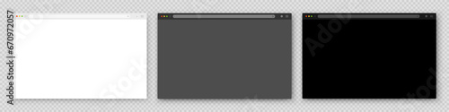A set of three browser windows in white, gray and black on a gray background. Website layout with search bar, toolbar and buttons. Vector illustration.