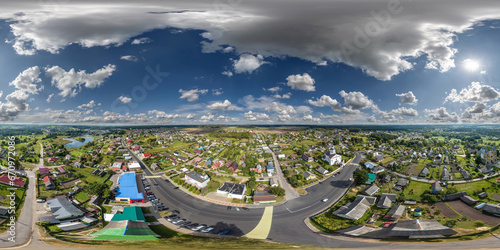 aerial hdri 360 panorama view from great height on buildings, churches and center market square of provincial city in equirectangular seamless spherical projection. use as sky replacement for drone