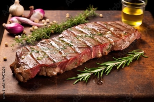 grilled porterhouse steak on a stone slab with herbs