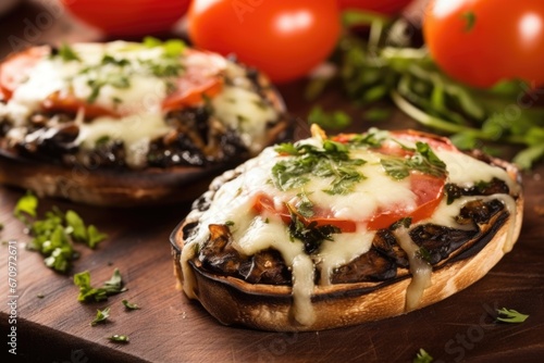 close shot of stuffed grilled portobello mushrooms with cheese