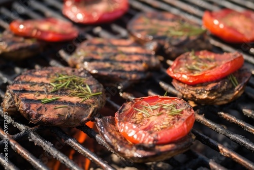 closeup of marinated portobello mushrooms grilling on fire