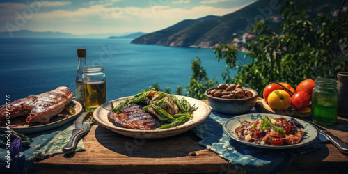 Mediterranean meal presented on rustic table overlooking turquoise ocean 