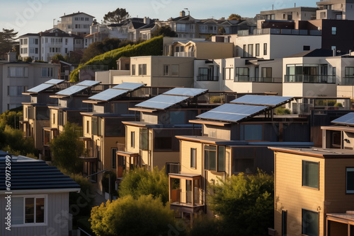 Solar panel installations gleam atop urban homes, blending tradition with innovation. Generative AI. © Viktoria Kovalchuk